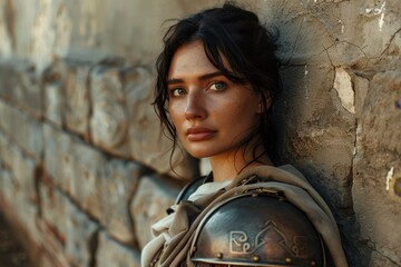 Young female warrior leaning against a stone wall