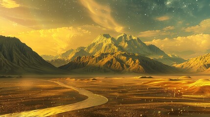 Majestic golden mountainscape with a sparkling river under a starry sky