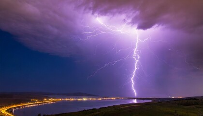 violet lightning illuminates the sky over the fluid landscape