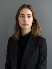Professional young woman in a black blazer posing against a grey background