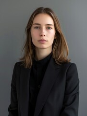 Fototapeta premium Professional young woman in a black blazer posing against a grey background