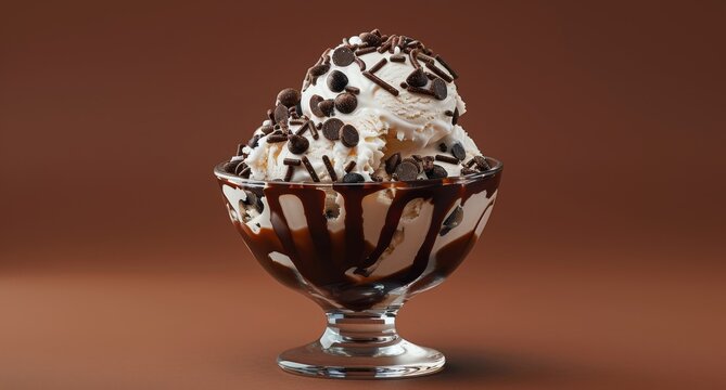 Delicious vanilla ice cream sundae topped with chocolate sauce and cookie pieces