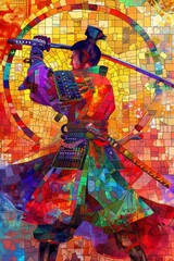 Fototapeta premium Colorful Digital Art of a Samurai Warrior in Action