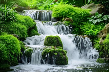 Fototapeta na wymiar Serene Waterfall in Lush Green Forest
