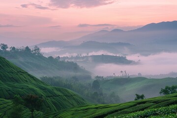 Fototapeta na wymiar Misty Morning Over Lush Green Tea Plantation