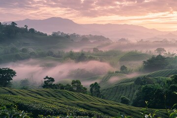 Misty Morning Over Lush Green Tea Plantation