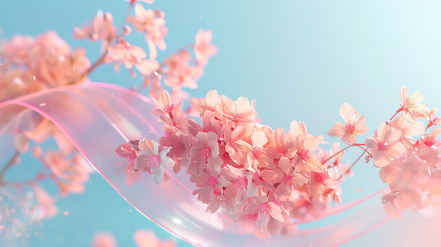 Pink cherry blossom sakura with ribbon on blue sky