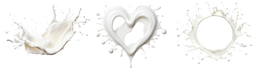 milk splash in a circular and a heart shape, isolated on a transparent background.
