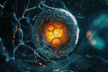 Abstract view of a glowing orange nucleus within a network of blue neuronal cells, resembling a microscopic image.