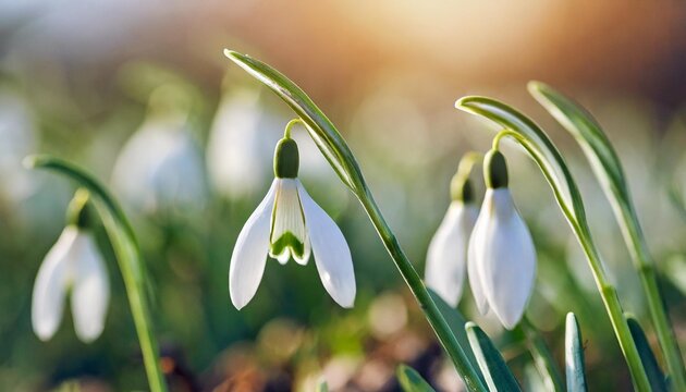 snowdrops spring flowers beautifully blooming in the grass at sunset delicate snowdrop flower is one of the spring symbols amaryllidaceae galanthus nivalis