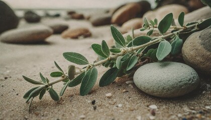 Fototapeta na wymiar natural harmony sage twig and pebble rocks on sand serene botanical background