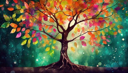 tree of life with colorful leaves on hanging branches illustration background abstraction wallpaper