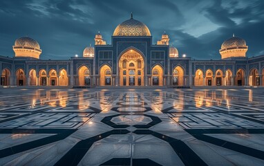 Illuminated mosque at twilight reflecting on glossy courtyard tiles - obrazy, fototapety, plakaty