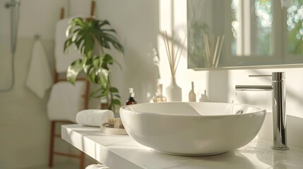 Fototapeta na wymiar Elegant home bathroom interior with sink and accessories with window. Mock up