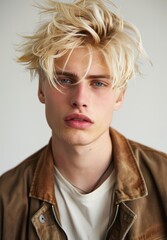 Portrait of a young man with tousled blonde hair and intense blue eyes
