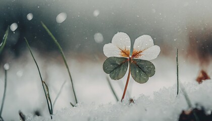 single good luck four leaf clover in meadow with snow an with copy space for text vertical...