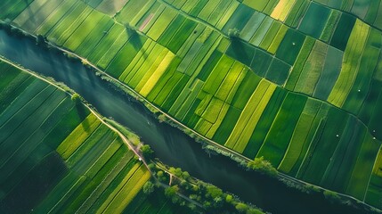 Banner of aerial satellite view of cultivated agricultural farming land fields with vivid green color as a typical European or countryside farmland village town with canal river