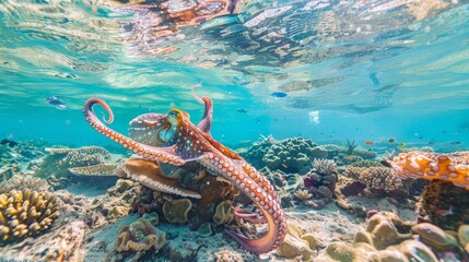 Curious Octopus Swimming in Colorful Coral Reef