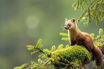 Pine Marten Perched on a Mossy Branch in Rain