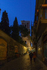 Dark atmospheric alley with tower illuminated by street lights during blue hour on a winter evening, Naples, Campania, Italy