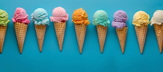 Variety of colorful ice cream cones lined up against a blue background