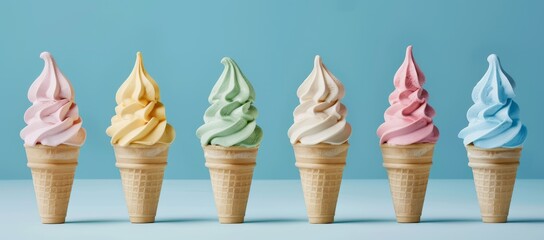 Variety of Soft Serve Ice Cream Cones Against a Blue Background