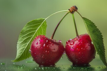 Fresh cherries with dew drops on a vibrant background