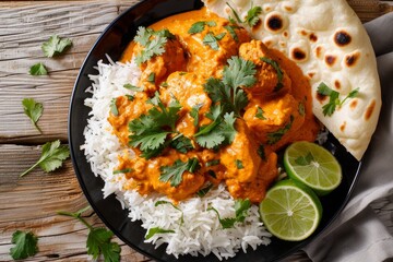 Delicious Indian Chicken Tikka Masala with Rice and Naan Bread