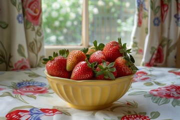 Fresh strawberries in a yellow bowl on a floral tablecloth
