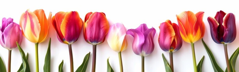 Colorful Tulips Lined Up on a White Background