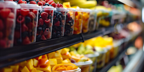 Precut fruits in transparent containers on a shelf focus on red berries. Suggests freshness,...
