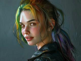 Colorful Hairstyle on Young Woman