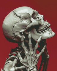 Skeleton hand holding a human skull against a red background