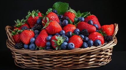 Fresh Berries in a Wicker Basket on a Dark Background