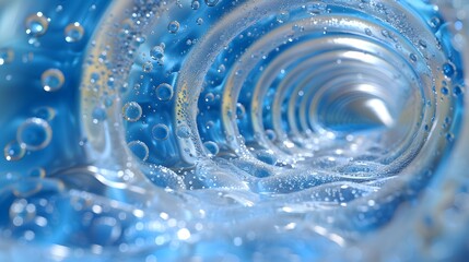 Explore the Mesmerizing Blue Water Tunnel with Sparkling Bubbles - A Serene Underwater Journey - obrazy, fototapety, plakaty