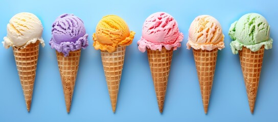 Variety of Ice Cream Cones Lined Up on Blue Background