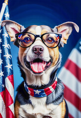 Portrait of smiling dog with glasses during the 4th of July party, independence day, in the United States.