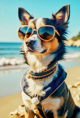 Dog with sunglasses sunbathing on the beach during a sunny summer day.