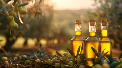 golden olive oil bottles with olives leaves and fruits setup in the middle of rural olive field with morning sunshine as wide banner with copyspace area - obrazy, fototapety, plakaty