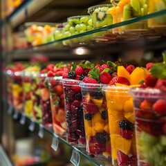 Layered fruit cups on a store shelf the image is a feast of colors with a focus on strawberries and...