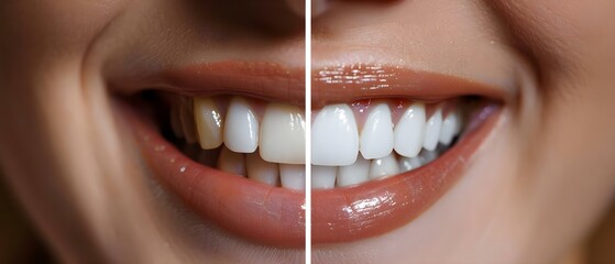 Smile Transformation: Pre and Post Teeth Whitening. Concept Cosmetic dentistry, Teeth whitening process, Smile makeover, Before and after comparison, Dental procedures - obrazy, fototapety, plakaty