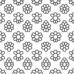A tileable pattern featuring simplistic floral outlines, arranged in a regular, evenly spaced grid, exuding a fresh and clean aesthetic, black and white