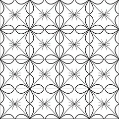 A tileable pattern featuring simplistic floral outlines, arranged in a regular, evenly spaced grid, exuding a fresh and clean aesthetic, black and white