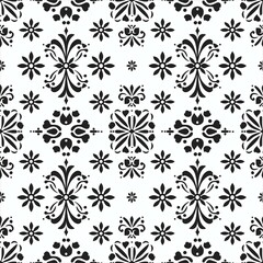 A tileable pattern featuring simplistic floral outlines, arranged in a regular, evenly spaced grid, exuding a fresh and clean aesthetic, black and white