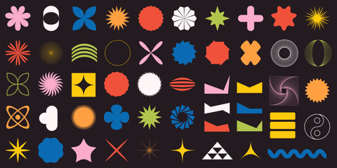 Contemporary vector abstract shapes for design. Trending elements. Set of objects in retro colors. Collection for banners, logos, notes. Some elements have editable stroke for comfortable editing.