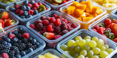 Variety of colorful fruits in clear containers, highlighting healthy choices and freshness.