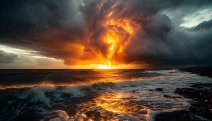 a breathtaking artwork capturing a stormy ocean with a massive fireball in the cloudy sky creating...