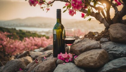 a bottle of wine sitting on top of a pile of rocks next to a tree with pink flowers on it...