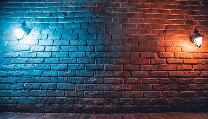 brick wall background night blue and red lights