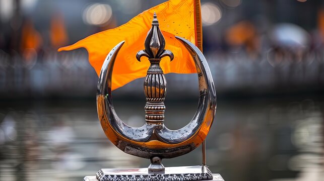 Steel Khanda: Emblem of Sikhism Displayed with Waving Orange Flag